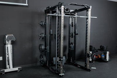 The REP Fitness Altitude™ Power Rack with both the Cable Attachment and Smith Machine Attachment in a home gym