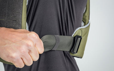 Close up of the side slide-lock hardware on the Strata Weight Vest