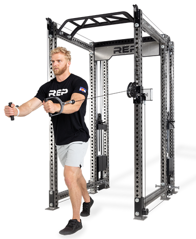 Athena Selectorized Side-Mount Functional Trainer Dual Side Shown on Clear Coat PR-5000 Power Rack Being Used For Chest Flys